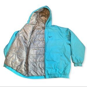 VTG Y2K Nike Puffer Coat - Turquoise / Silver (Size XL)